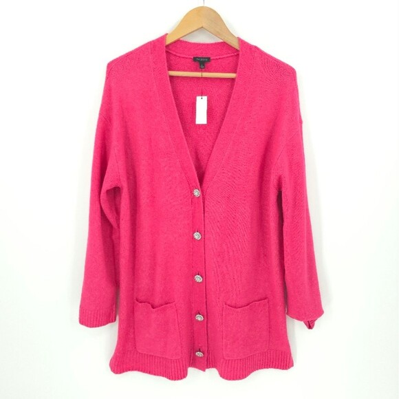 Talbots Jeweled Button Cardigan Pink Longline Office Church Cozy Barbie NWT - Picture 2 of 16